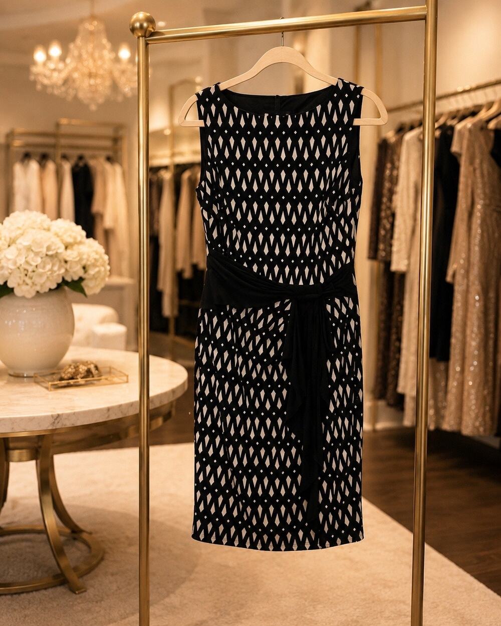 Joseph Ribkoff Beige Black Geometric Sheath Dress NWT Sleeveless Size 8 Office